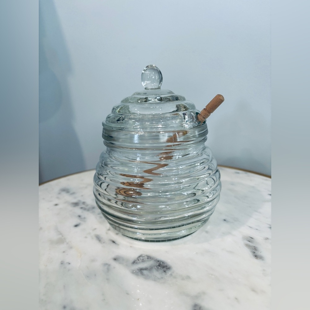Glass Honey Jar with Lid and Wooden Dipper